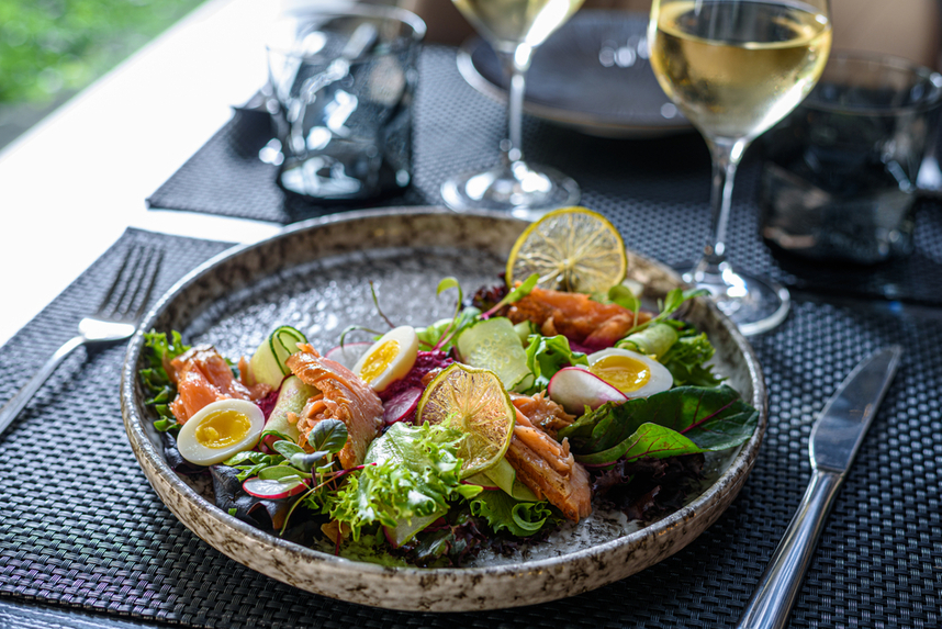 Smocked salmon and wine