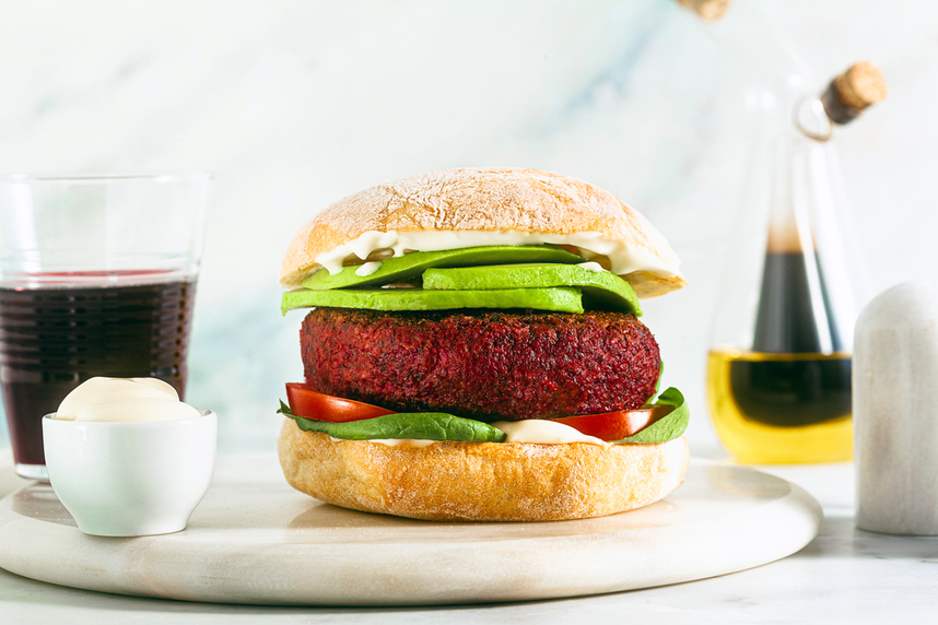 A veggie and plant based Burger with matching wine